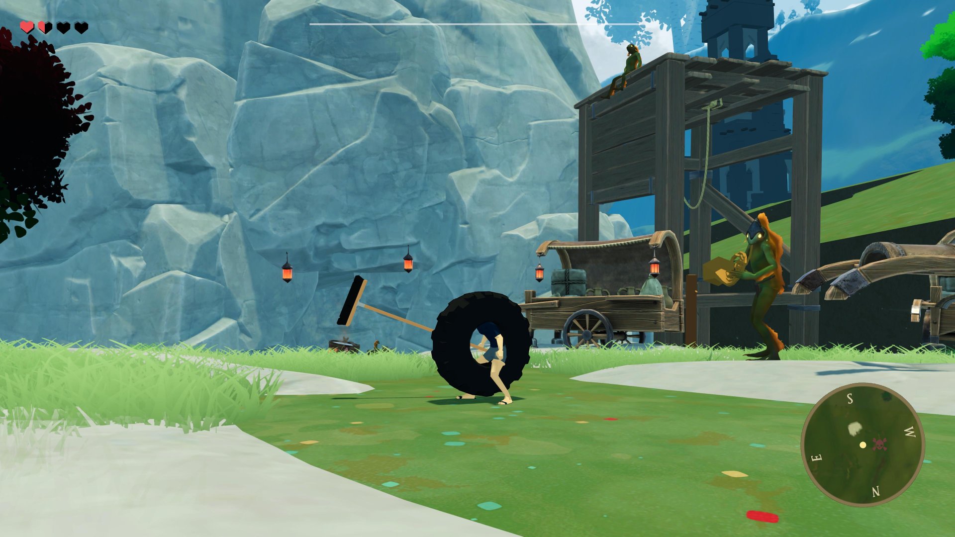 Tire Boy screenshot showing a character that's a tire with arms and legs standing in an open-world holding a broom