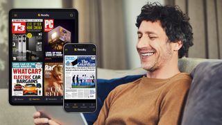Man on couch smiling with an overlay showing an ipad and iphone with Readly open