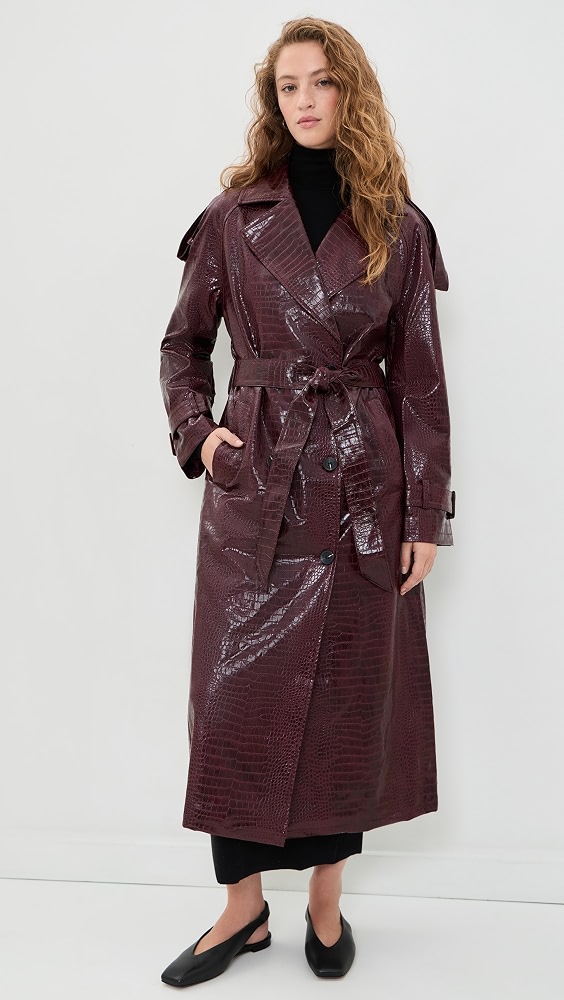 Croc-Embossed Faux Leather Belted Maxi Trench Coat - Dark Red