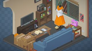 a screenshot from Unpacking, showing a living room full of moving boxes and other items.