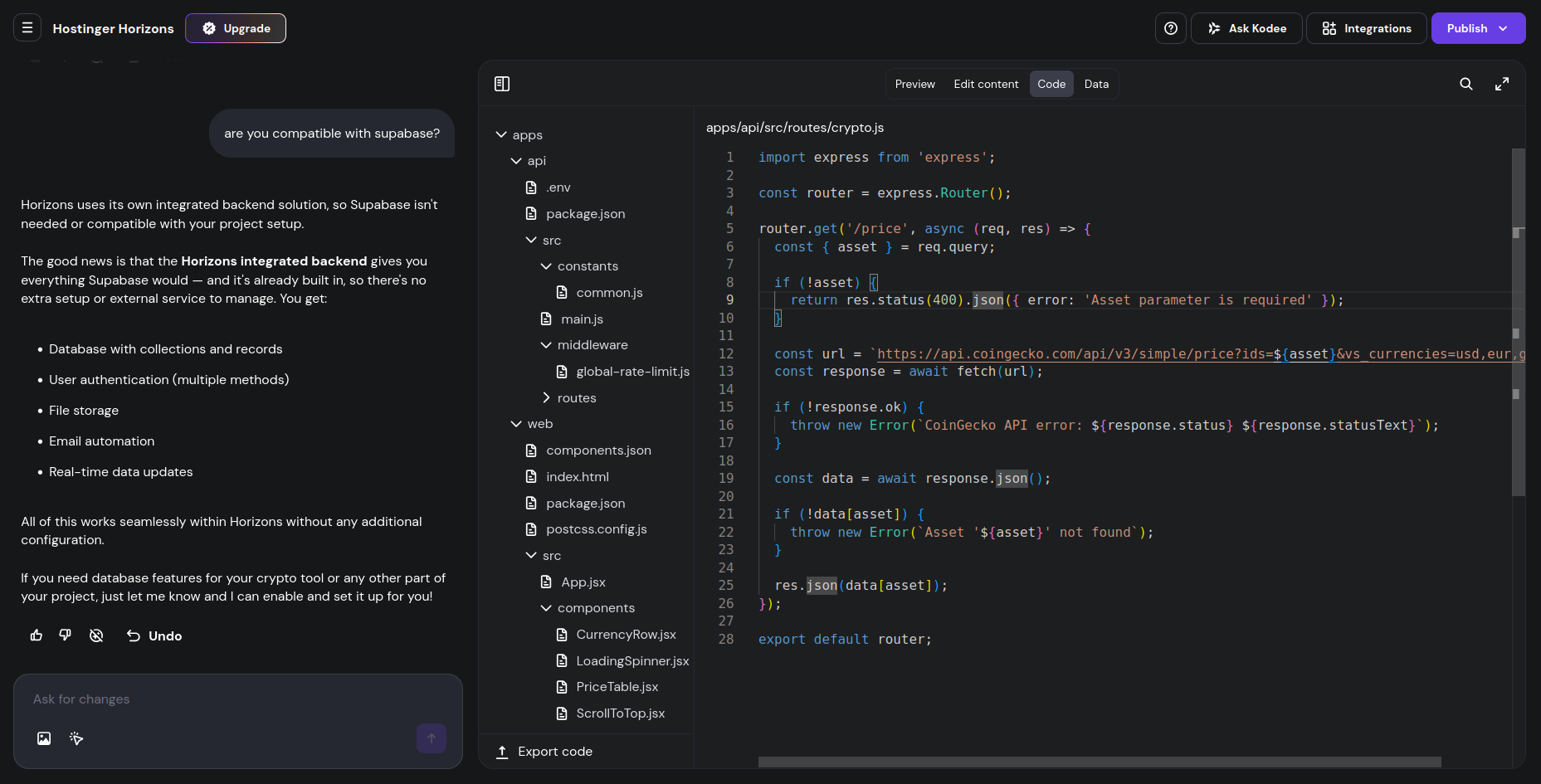 Hostinger Horizons generates its own database for projects.