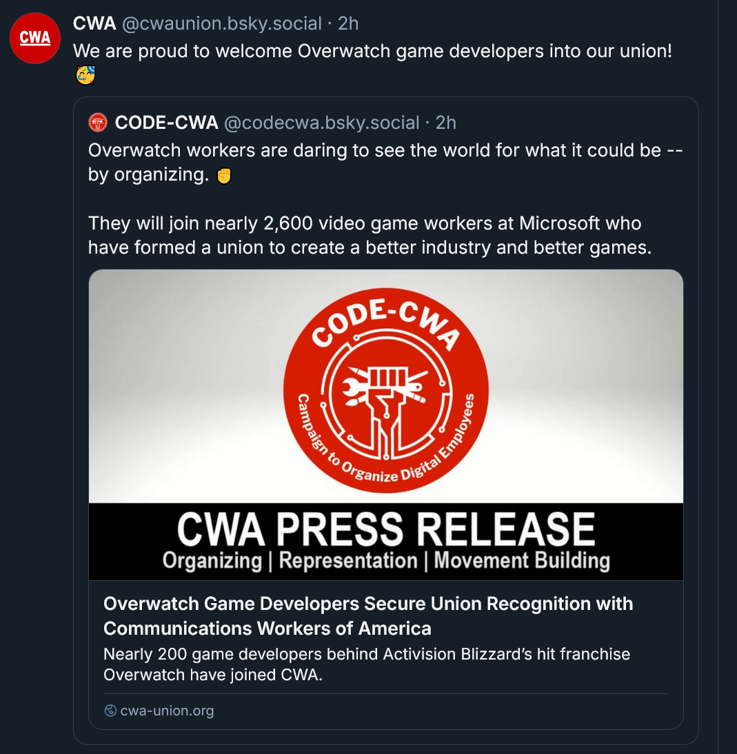 We are proud to welcome Overwatch game developers into our union!