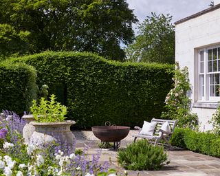Large hedging as an example of garden privacy ideas in a patio garden with firepit and wooden bench.