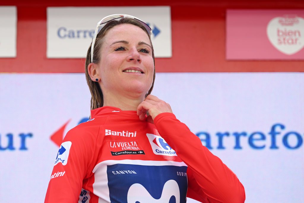 LAREDO SPAIN MAY 06 Annemiek Van Vleuten of The Netherlands and Movistar Team celebrates at podium as Red Leader Jersey winner during the 9th La Vuelta Femenina 2023 Stage 6 a 1061km stage from Castro Urdiales to Laredo UCIWWT on May 06 2023 in Laredo Spain Photo by Dario BelingheriGetty Images