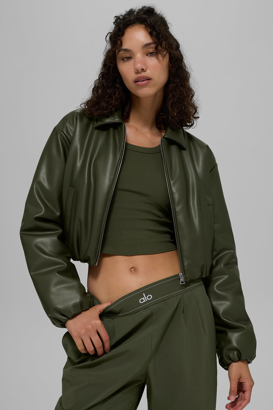 Faux Leather Cropped Premier Bomber in Olive Green