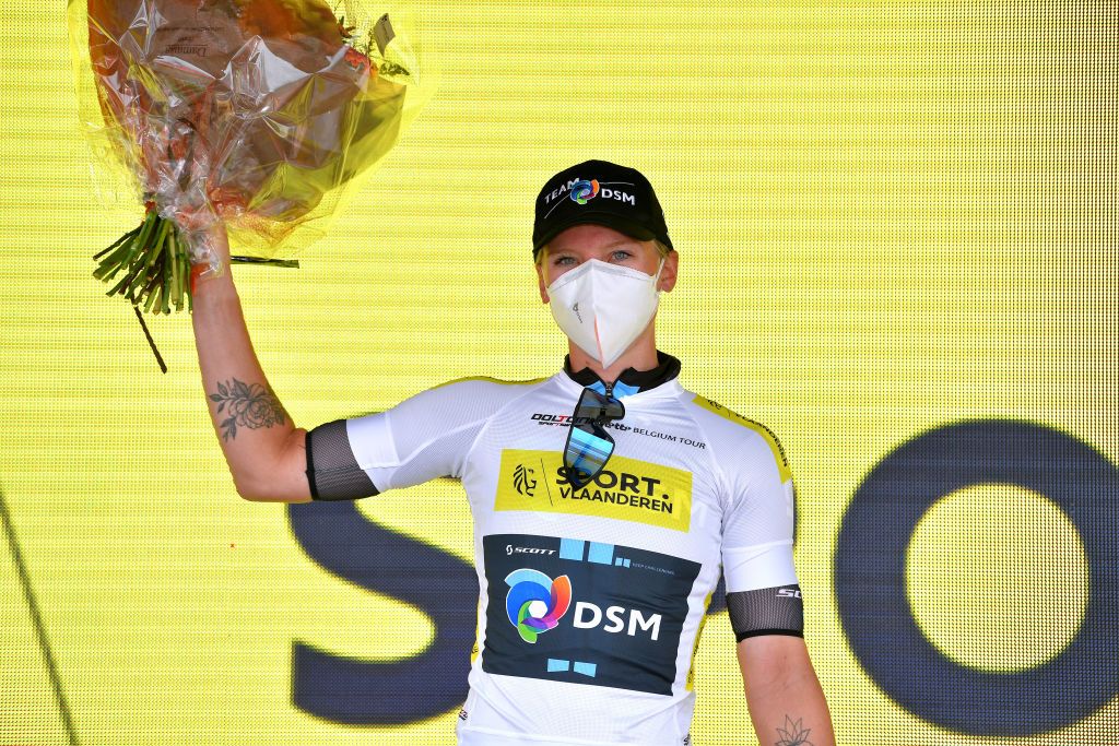BRUGGE BELGIUM JUNE 23 Lorena Wiebes of The Netherlands and Team DSM white best young jersey celebrates at podium during the 9th Lotto Belgium Tour 2021 Stage 1 a 1126km stage from Blankenberge to Bruges LottoBelgTour LottoBelgiumTour on June 23 2021 in Brugge Belgium Photo by Luc ClaessenGetty Images