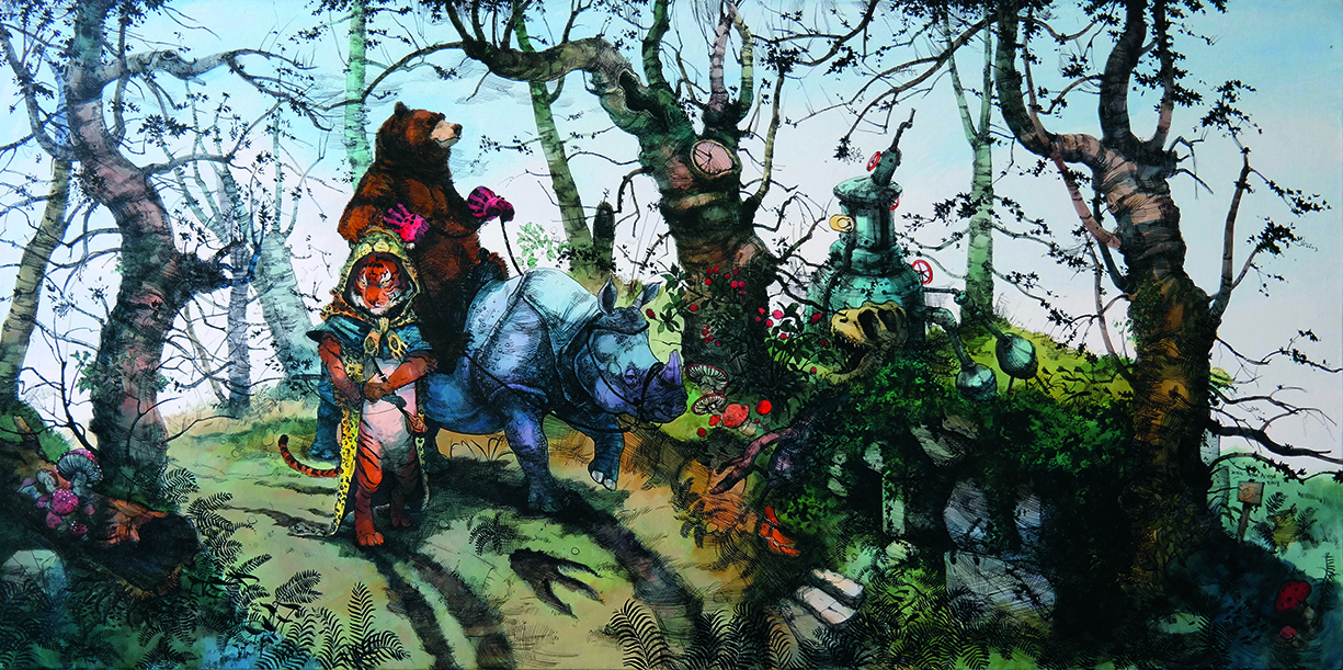 Detailed vibrant art showing a fantasy wildlife scene with various animal figures in a forest