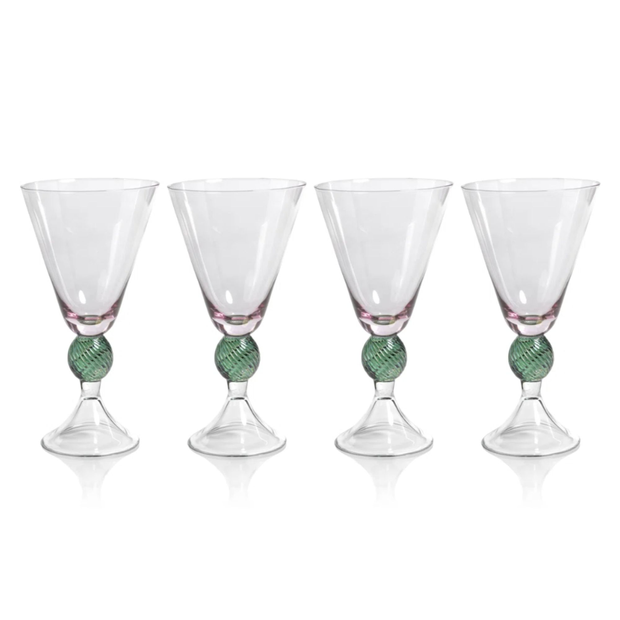 Set of four wine glasses with green glass swirls on stems