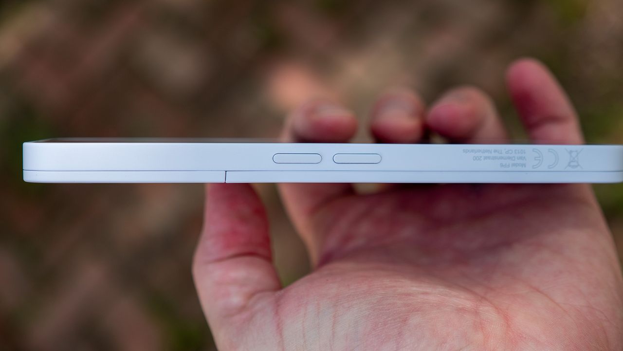 The left side of the Fairphone 6, which houses two volume buttons