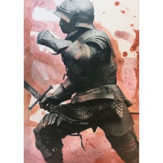 Painting of the knight with a pink blobby painted background