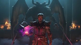 Screenshot from Diablo 2: Resurrected Reign of Warlock trailer, showing an older man holding a magical grimoire while standing in front of a menacing demon-like monster.