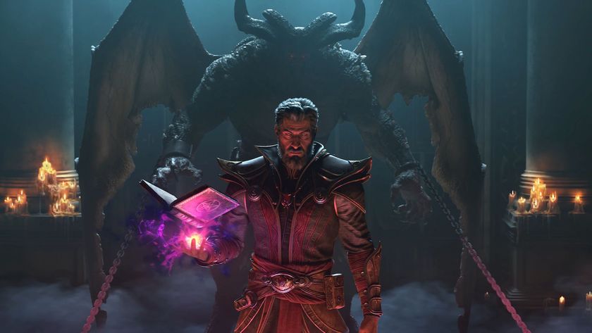 Screenshot from Diablo 2: Resurrected Reign of Warlock trailer, showing an older man holding a magical grimoire while standing in front of a menacing demon-like monster.