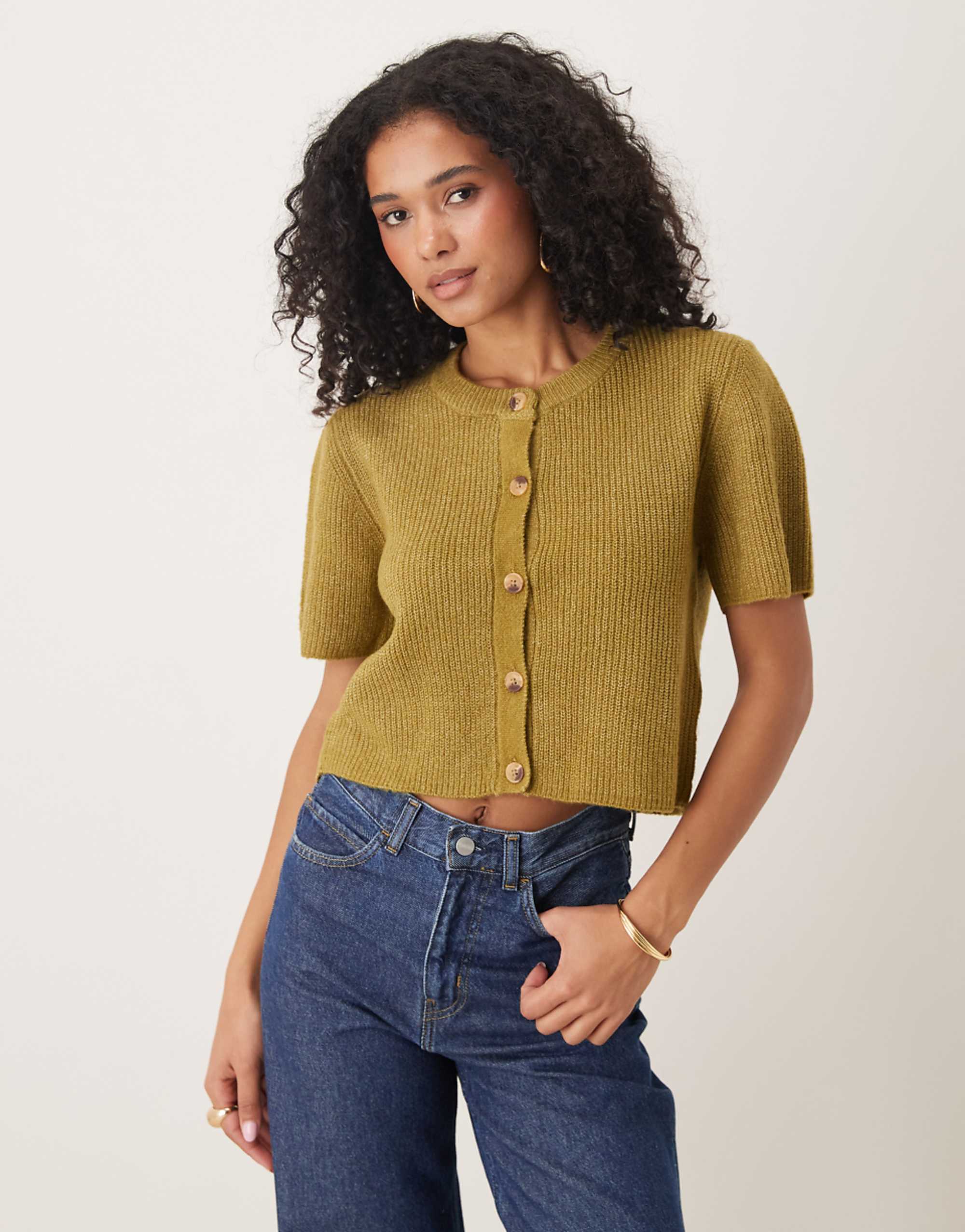 Brave Soul Short Sleeve Cardigan in Olive Green