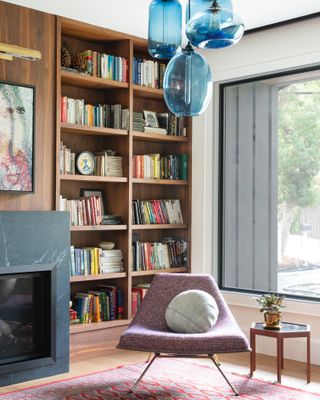 A living room with a bookshelf
