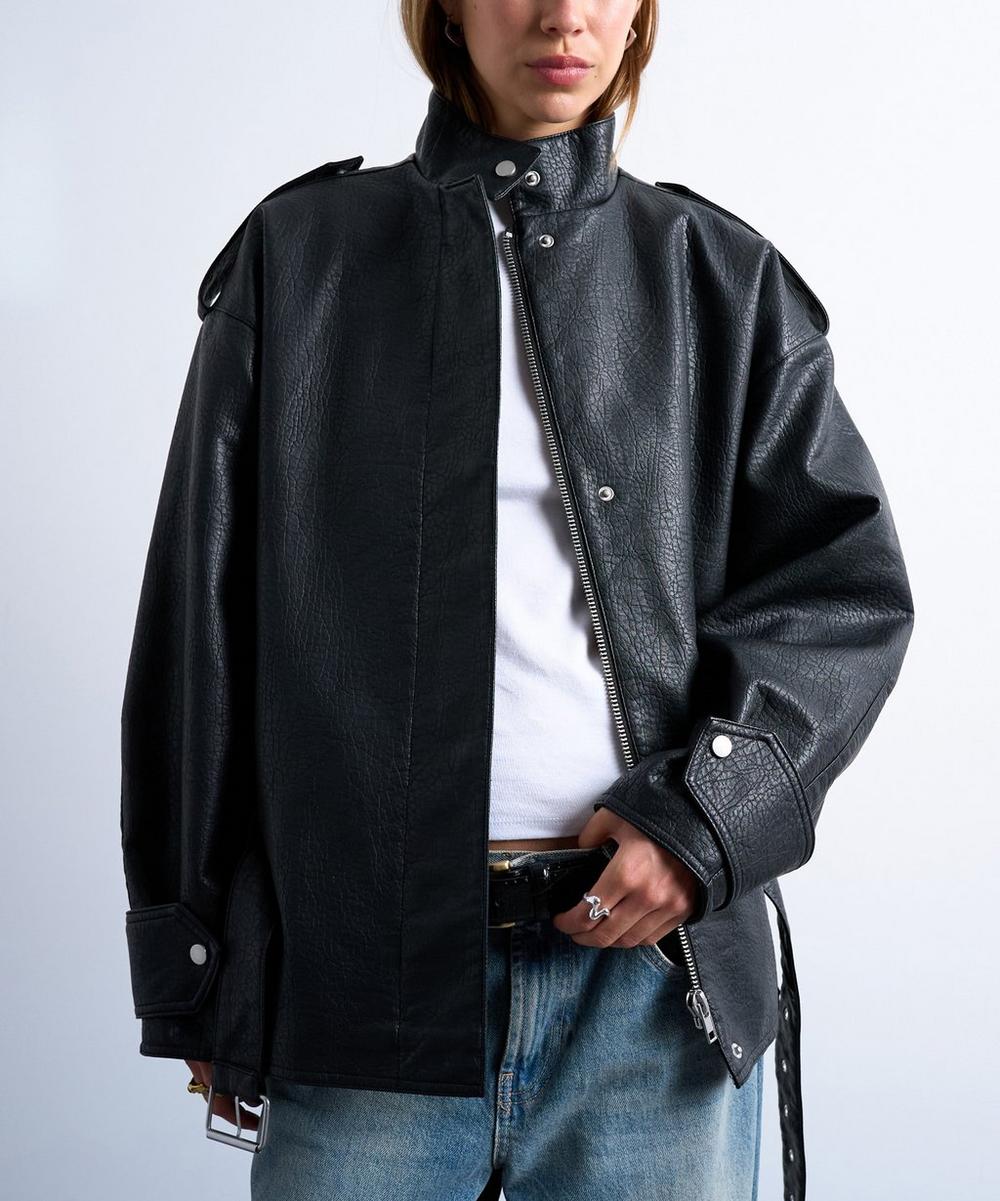 Black Faux Bubble Leather Belted Bomber Jacket