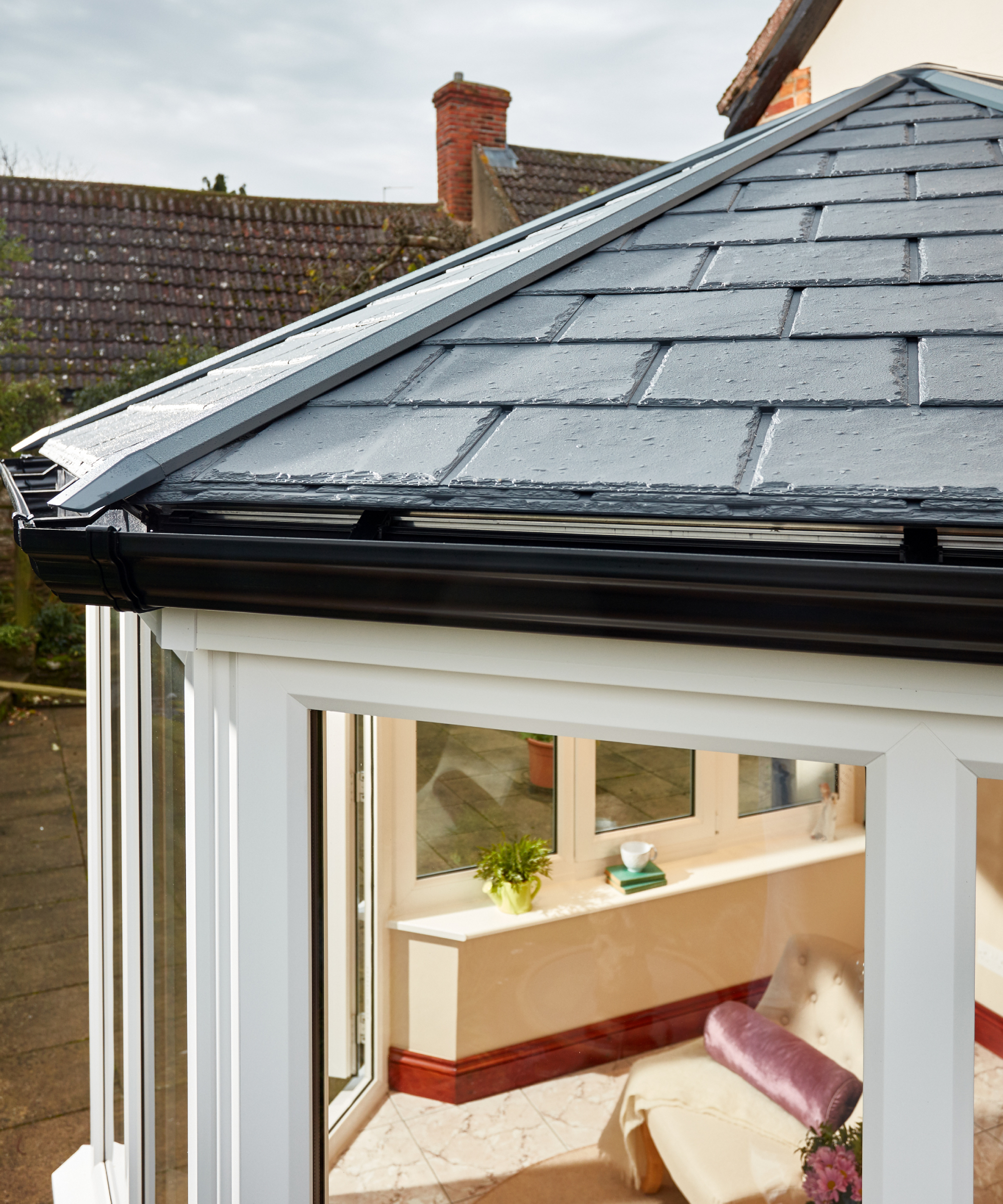 close up of solid tiled conservatory roof