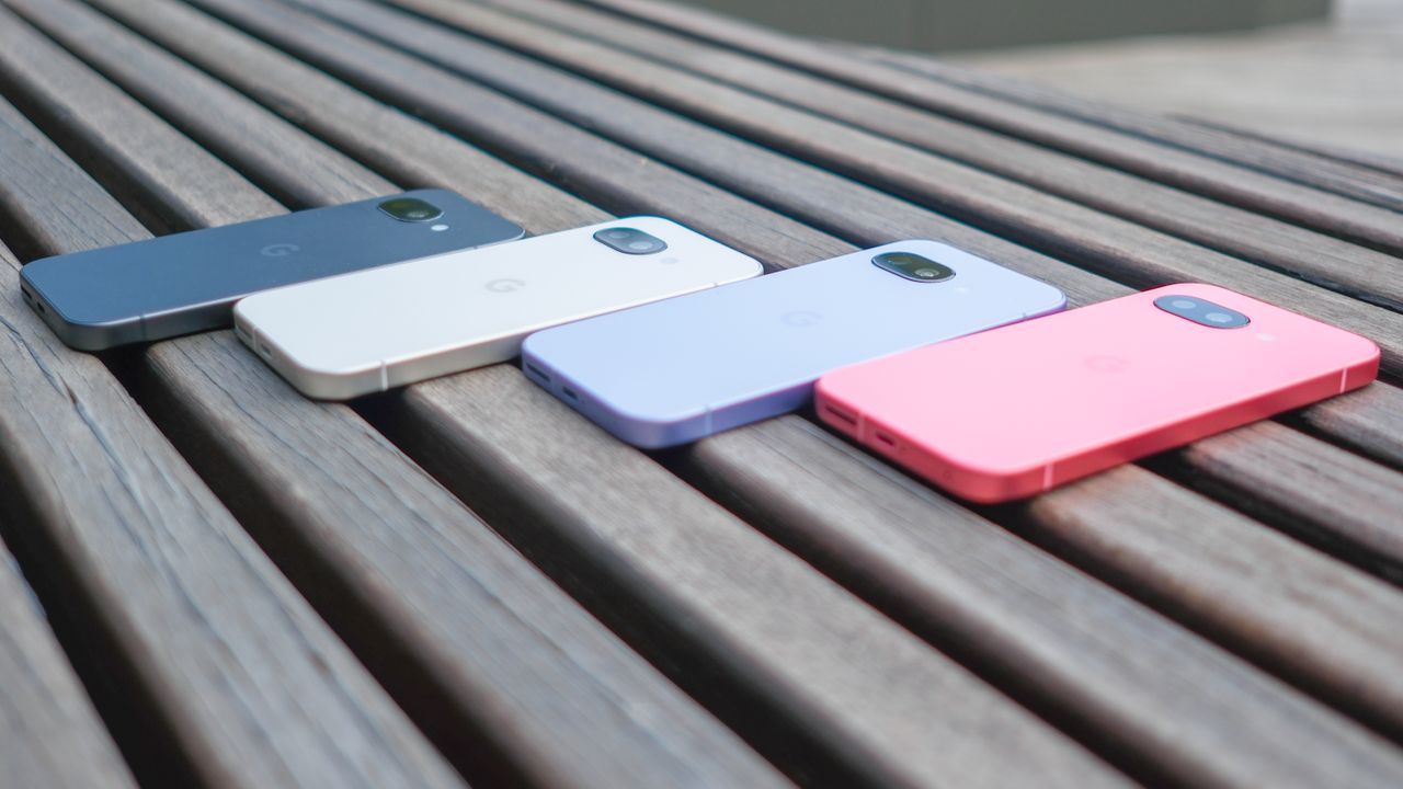 Google Pixel 9a in black, peony pink, iris, and porcelain, showing back cover with camera and home screen
