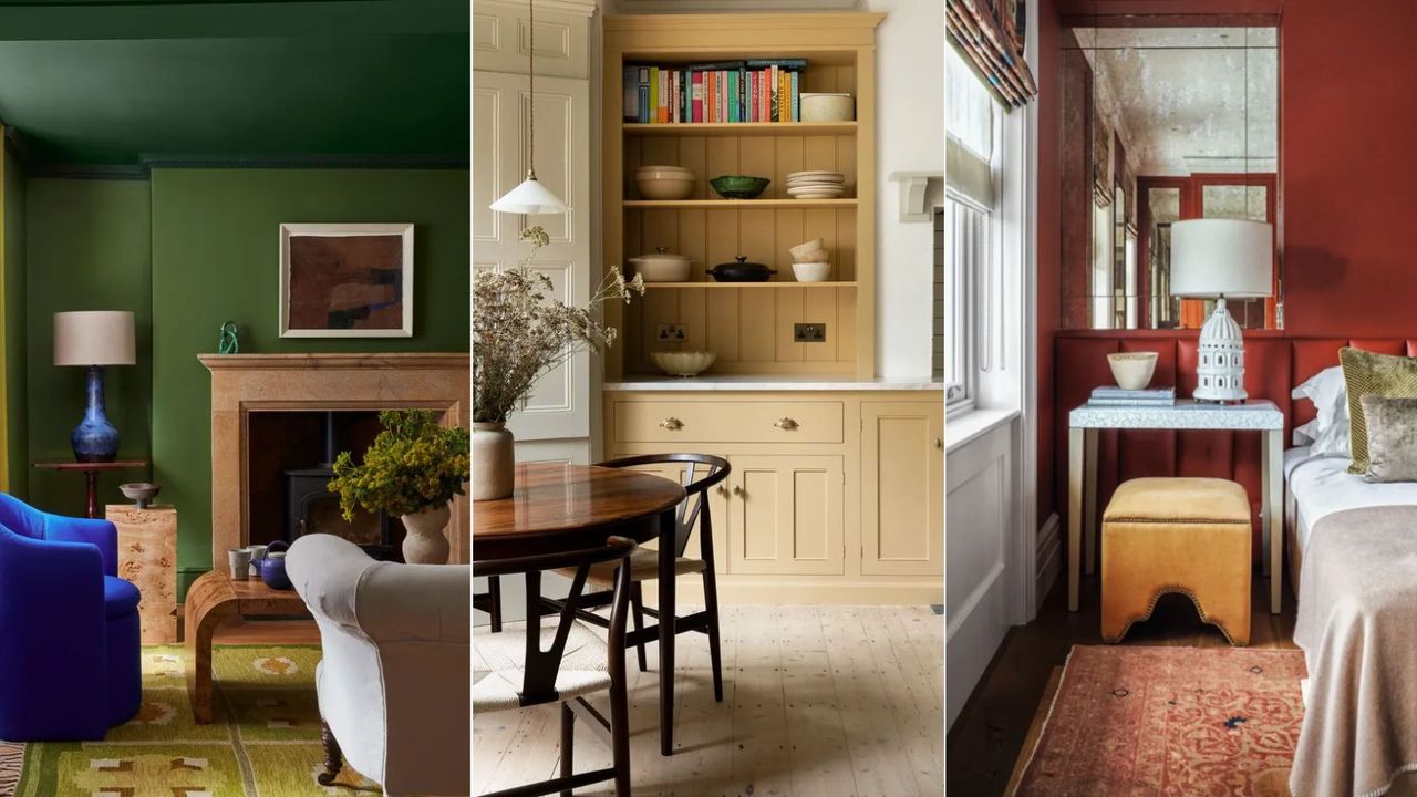 green living room, butter yellow kitchen cabinets, red bedroom