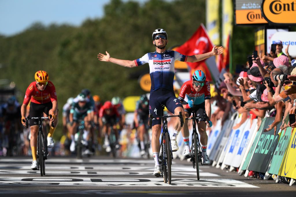 BOURGENBRESSE FRANCE JULY 20 Kasper Asgreen of Denmark and Team Soudal Quick Step celebrates at finish line as stage winner during the stage eighteen of the 110th Tour de France 2023 a 1849km stage from Motiers to BourgenBresse UCIWT on July 20 2023 in BourgenBresse France Photo by David RamosGetty Images