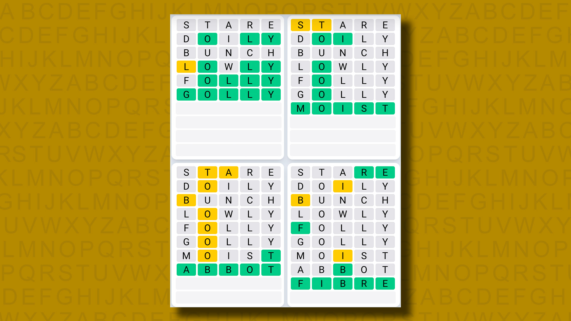 Quordle Daily Sequence answers to game 832 on a yellow background