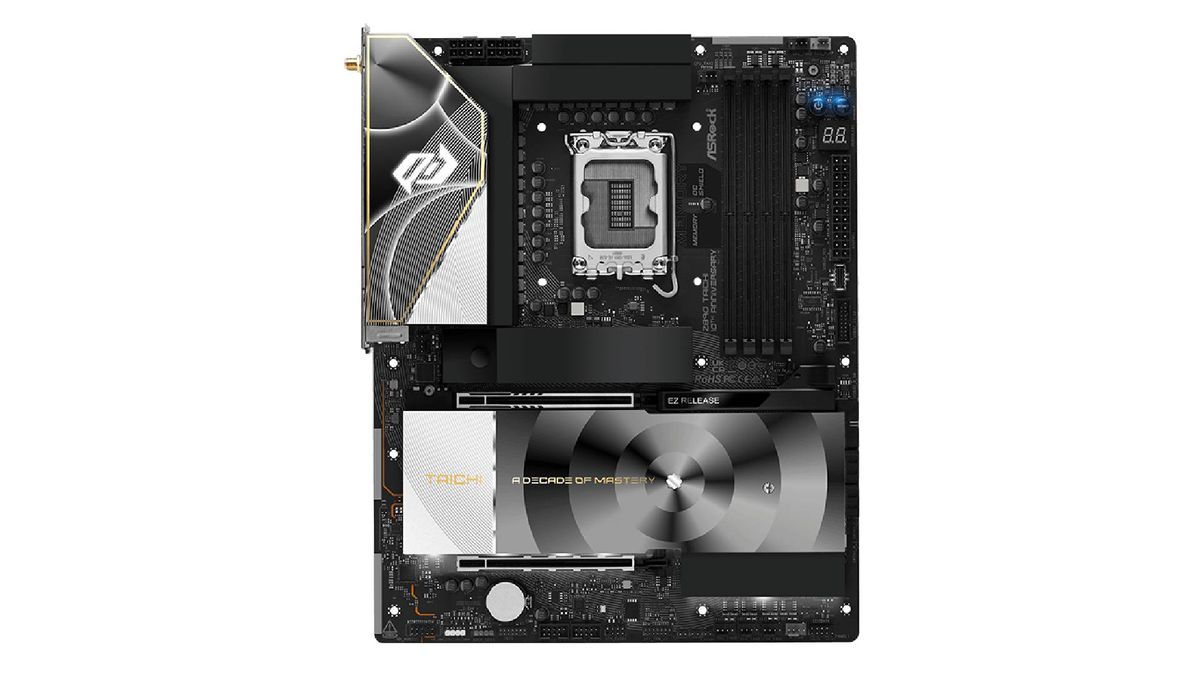 ASRock Taichi 10th anniversary motherboard with white backdrop.
