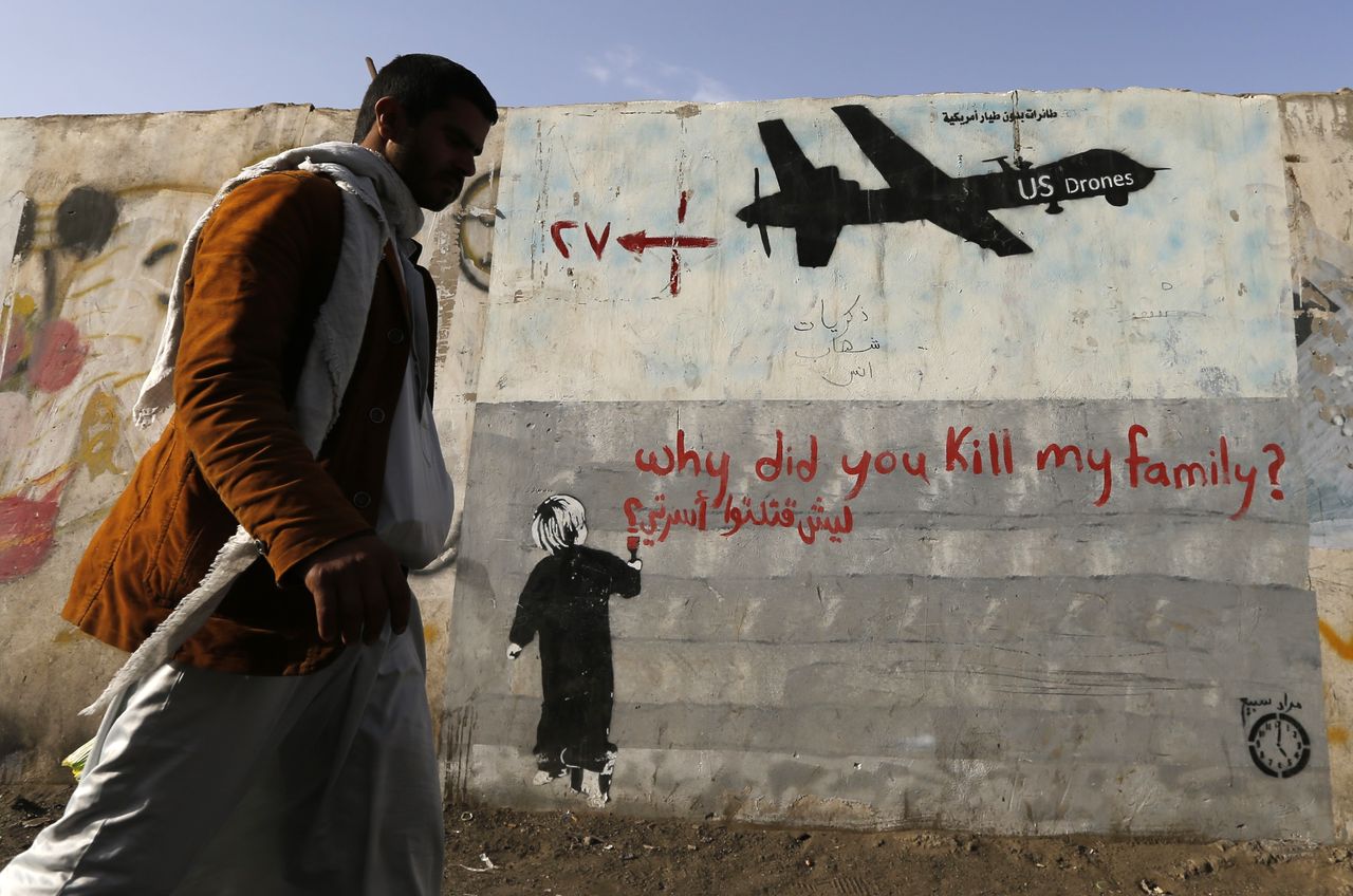 Graffiti denouncing U.S. drone strikes in Yemen.