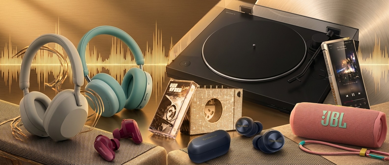 A selection of audio products including headphones, on a golden background