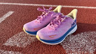 a photo of the Hoka Clifton 9 on a running track