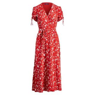 Clothing, Dress, Day dress, Red, Sleeve, Gown, Pattern, Robe, Nightwear, Pattern, 