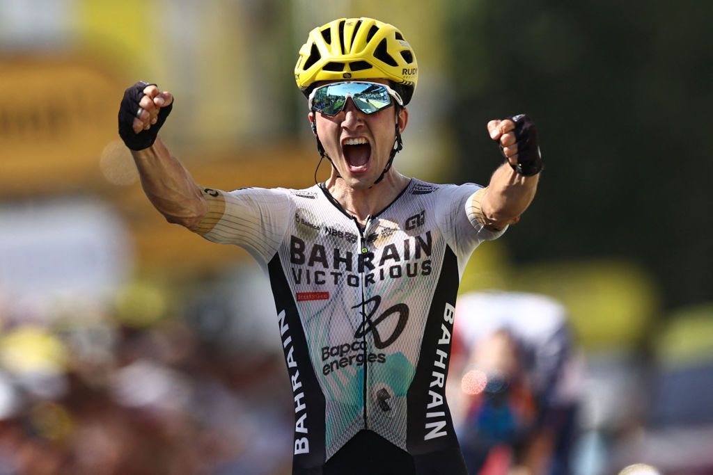 Bahrain Victorious Spanish rider Pello Bilbao cycles to the finish line to win the 10th stage of the 110th edition of the Tour de France cycling race 1675 km between Vulcania and Issoire in the Massif Central highlands in central France on July 11 2023 Photo by AnneChristine POUJOULAT AFP Photo by ANNECHRISTINE POUJOULATAFP via Getty Images