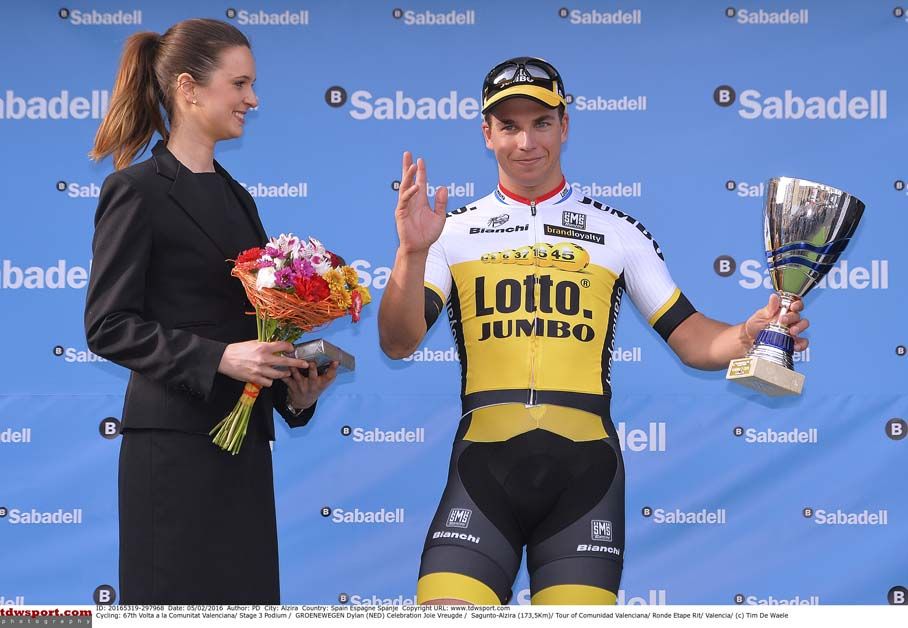 Dylan Groenewegen takes to the podium