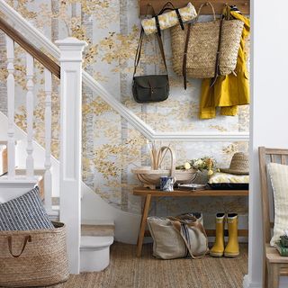 staircase hanging bags wallpaper and shoes