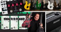 A comped image of Guitar World's gear of the week for 8 May, featuring Dino Cazares and his Kiesels, JHS Pedals 3 Series, Blackstar BEAM Mini and more