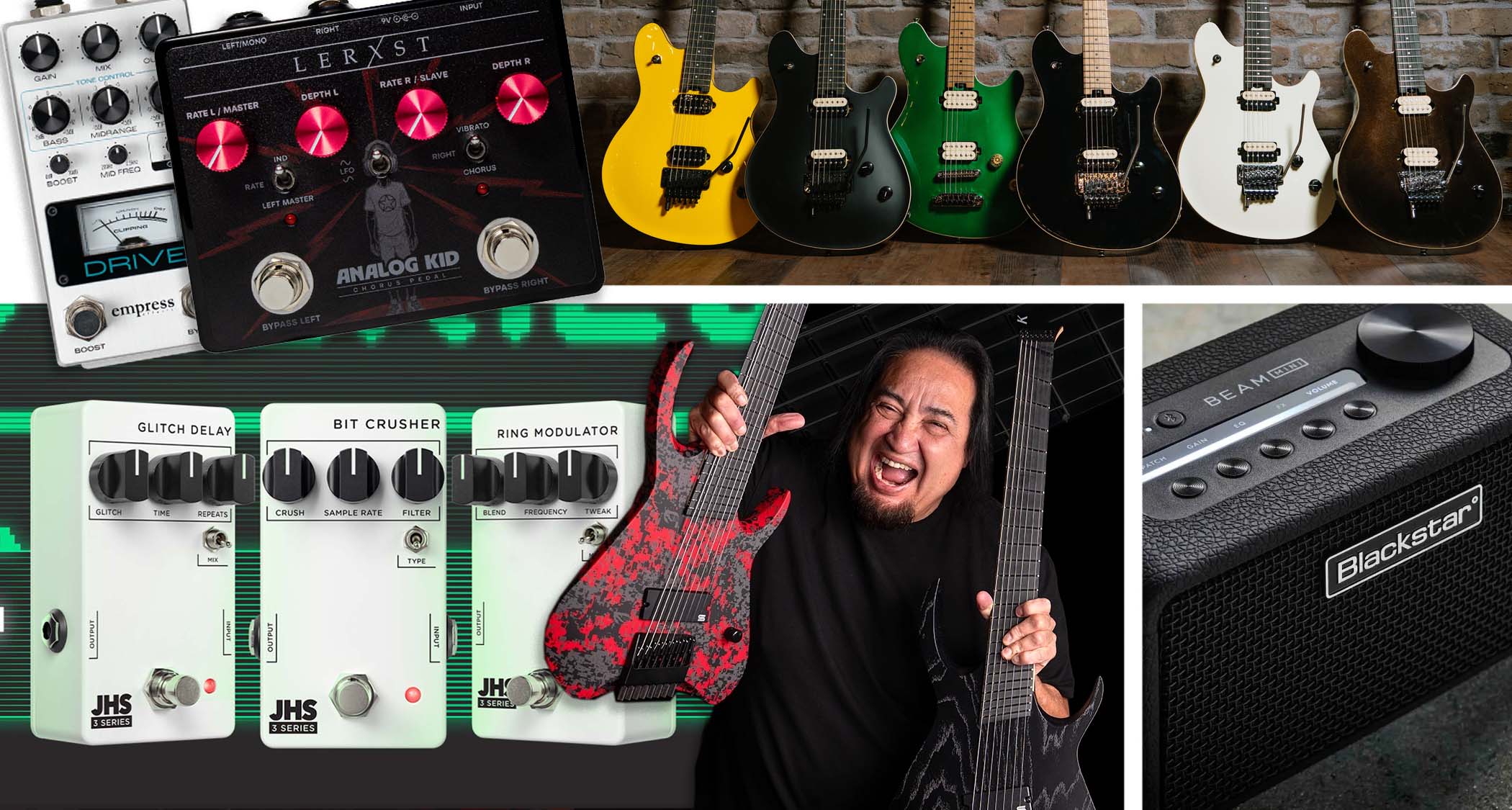 A comped image of Guitar World's gear of the week for 8 May, featuring Dino Cazares and his Kiesels, JHS Pedals 3 Series, Blackstar BEAM Mini and more