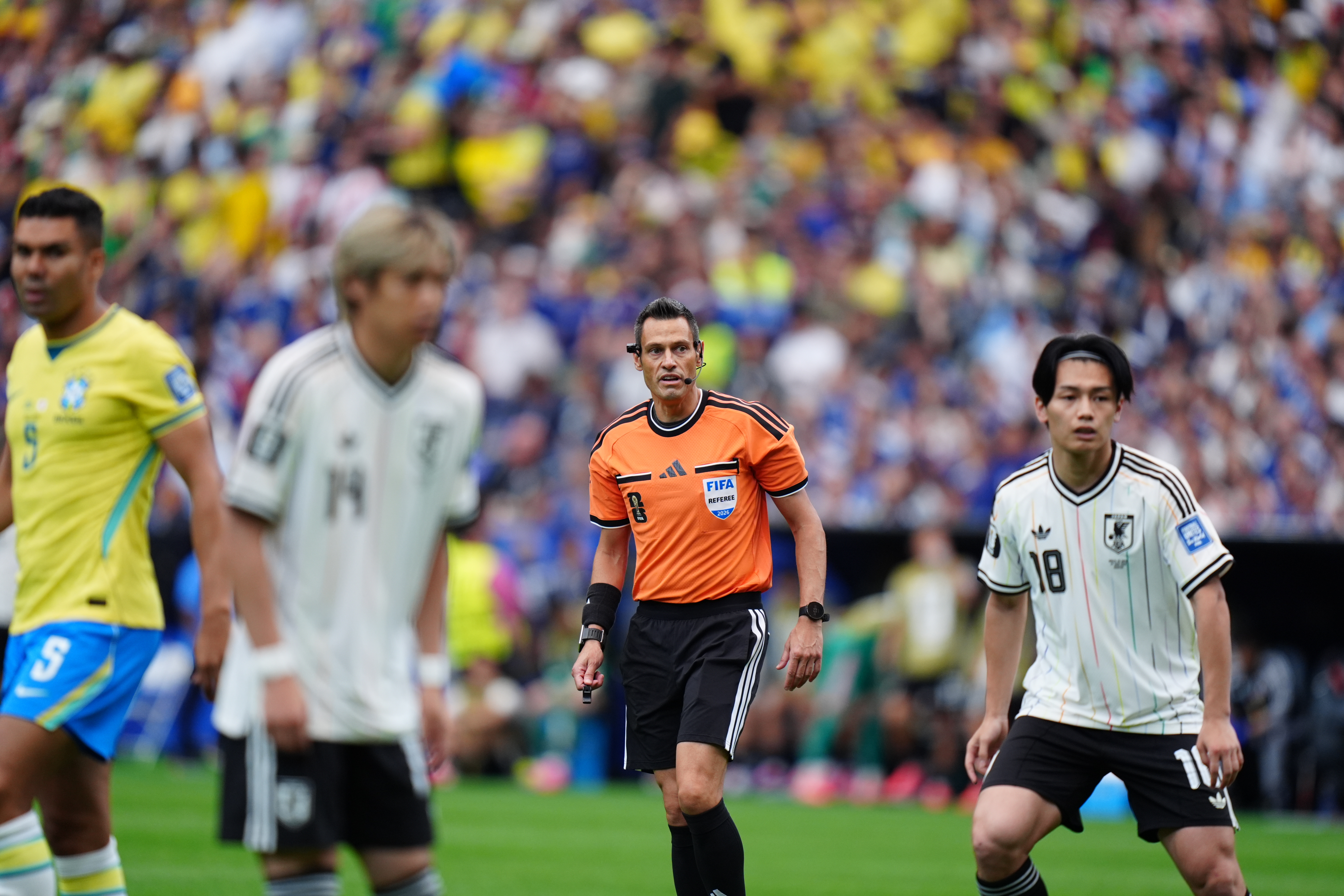 HOUSTON, USA - JUNE 29: Referee Maurizio Mariani officiates the FIFA World Cup 2026 Round of 32 match between Brazil and Japan at Houston Stadium (NRG Stadium) on June 29, 2026 in Houston, Texas. (Photo by Hakan Akgun/Anadolu via Getty Images)