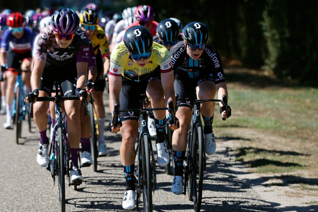 GENNEP NETHERLANDS SEPTEMBER 01 Lorena Wiebes of Netherlands and Team DSM Yellow leader jersey competes during the 25th Simac Ladies Tour 2022 Stage 3 a 1391km stage from Gennep to Gennep SLT2022 UCIWWT on September 01 2022 in Gennep Netherlands Photo by Bas CzerwinskiGetty Images