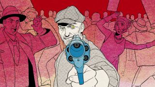 monochrome blue and red comic book man pointing gun at screen
