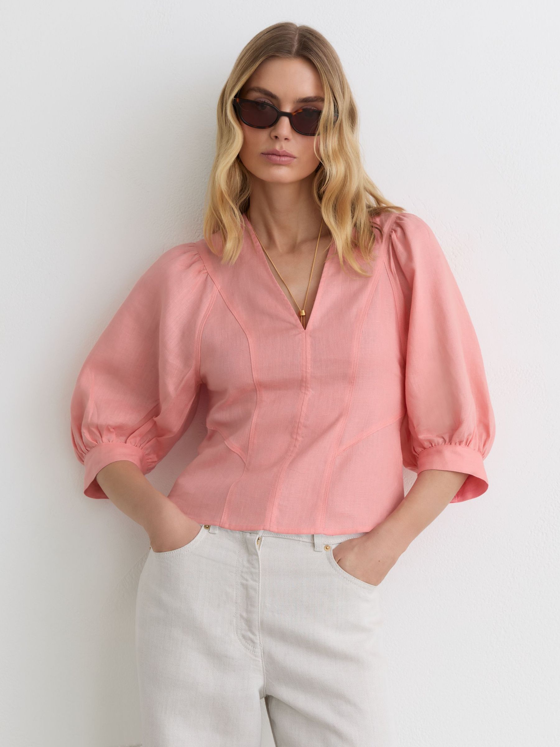 Linen Balloon-Sleeve Top in Coral Pink