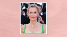 Gillian Anderson is pictured wearing pink blush and lipstick, as well as a green dress at the "The Mastermind" red carpet at the 78th annual Cannes Film Festival at Palais des Festivals on May 23, 2025 in Cannes, France/ in a pink watercolour paint-style template
