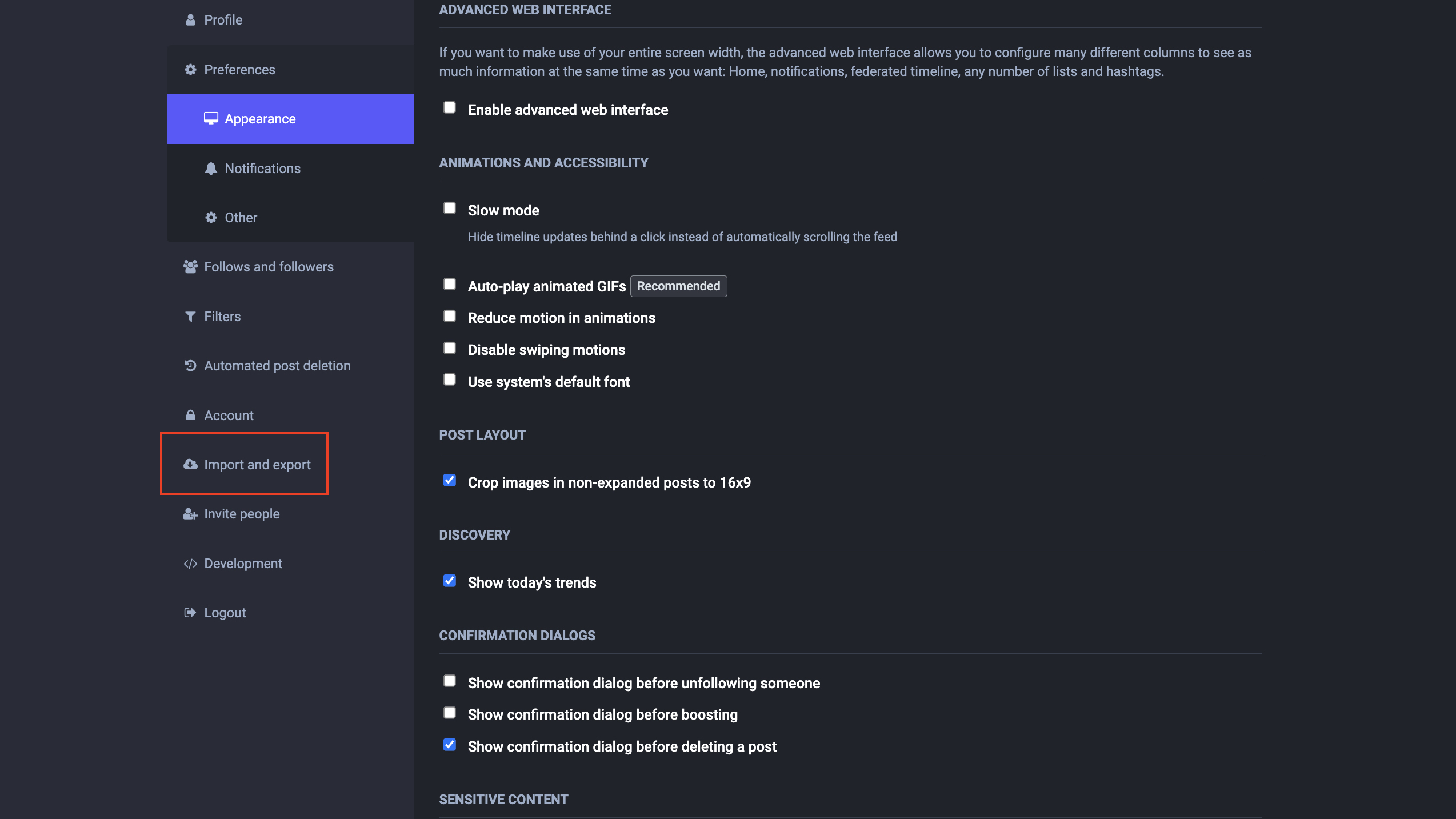 Select import/export in sidebar on Mastodon