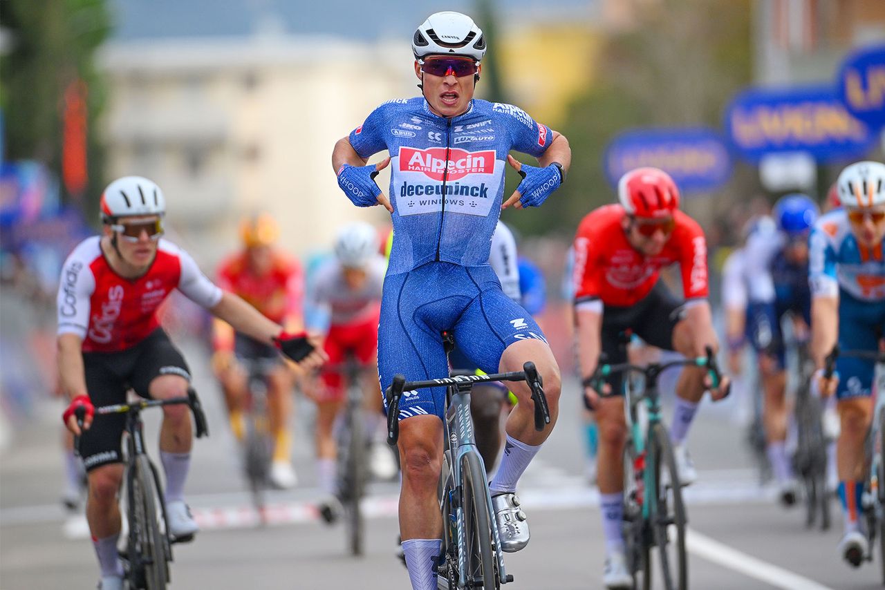 FOLLONICA ITALY MARCH 05 Jasper Philipsen of Belgium and Team AlpecinDeceuninck celebrates at finish line as stage winner during the 59th TirrenoAdriatico 2024 Stage 2 a 198km stage from Camaiore to Follonica UCIWT on March 05 2024 in Follonica Italy Photo by Tim de WaeleGetty Images