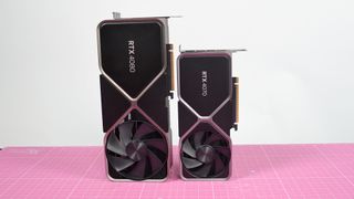 An Nvidia GeForce RTX 4070 graphics card standing upright next to the RTX 4080