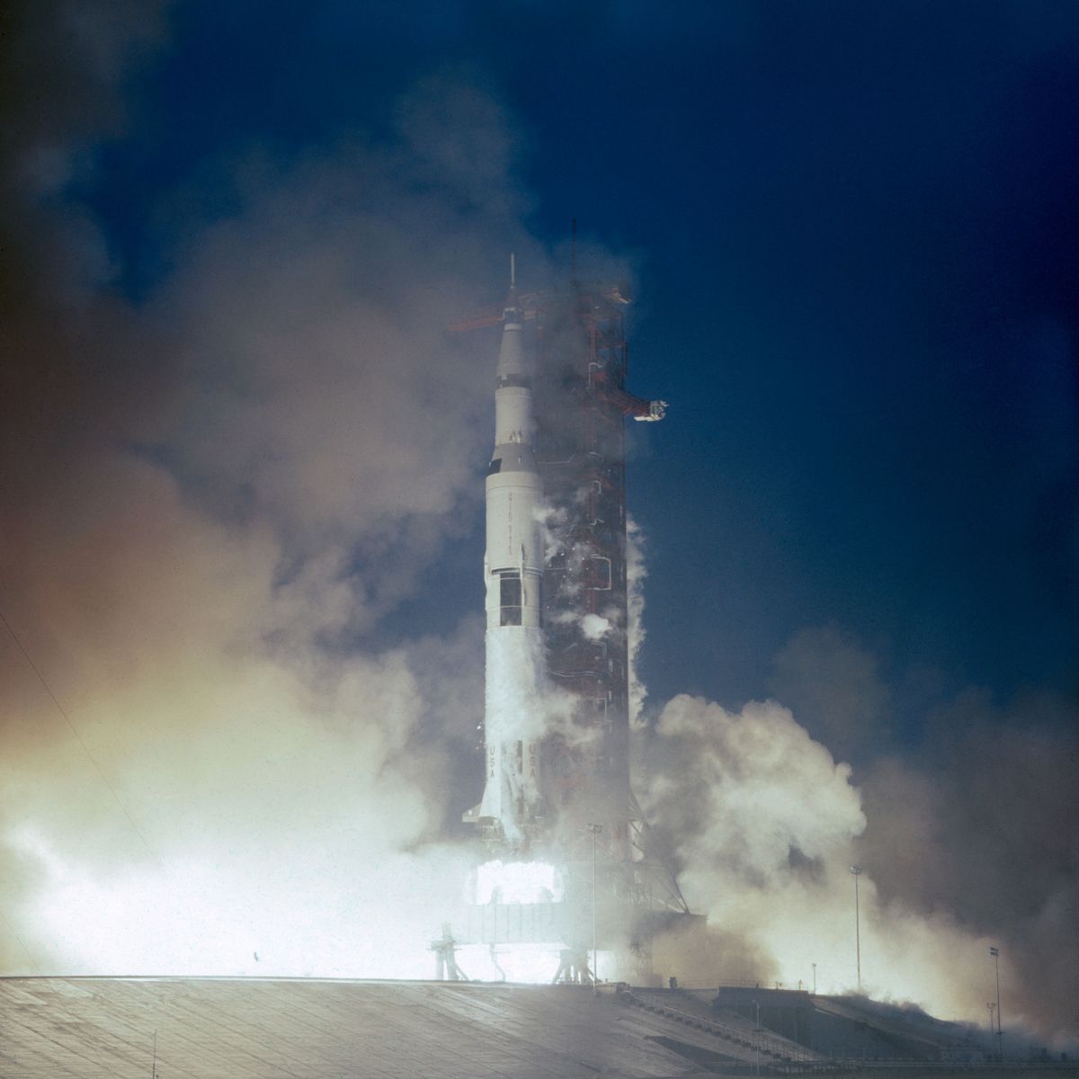 A Saturn V rocket launches NASA's Apollo 12 mission to the moon from the Kennedy Space Center in Cape Canaveral, Florida on Nov. 14, 1969.