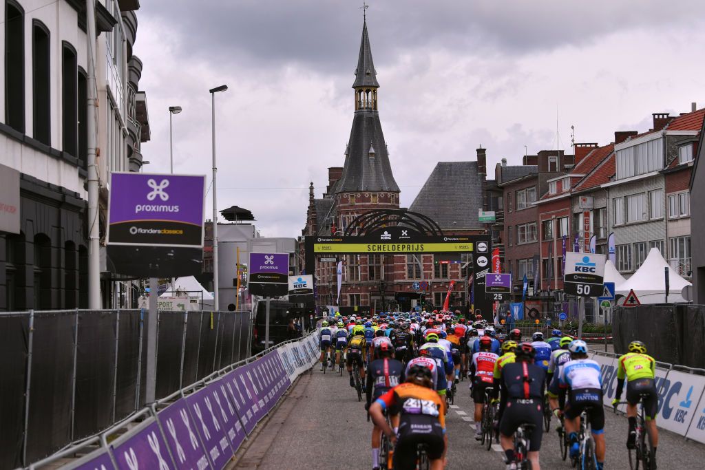 SCHOTEN BELGIUM OCTOBER 14 Peloton Wijnegem Landscape during the 108th Scheldeprijs 2020 a 1733km stage from Schoten to Schoten Scheldeprijs FlandersClassic SP20 on October 14 2020 in Schoten Belgium Photo by Luc ClaessenGetty Images