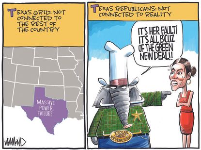 Political Cartoon U.S. texas winter power AOC green new deal