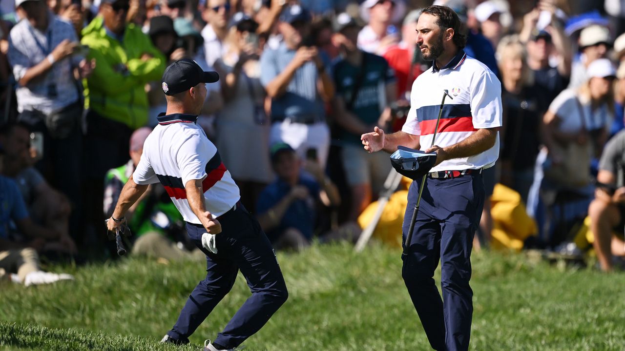 Max Homa and Brian Harman of Team United States celebrate winning their match 4&amp;2 on the 16th green during the Saturday morning foursomes matches of the 2023 Ryder Cup