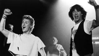 Actors Alex Winter and Keanu Reeves on set of the Orion Pictures movie "Bill & Ted's Excellent Adventure" circa 1989.