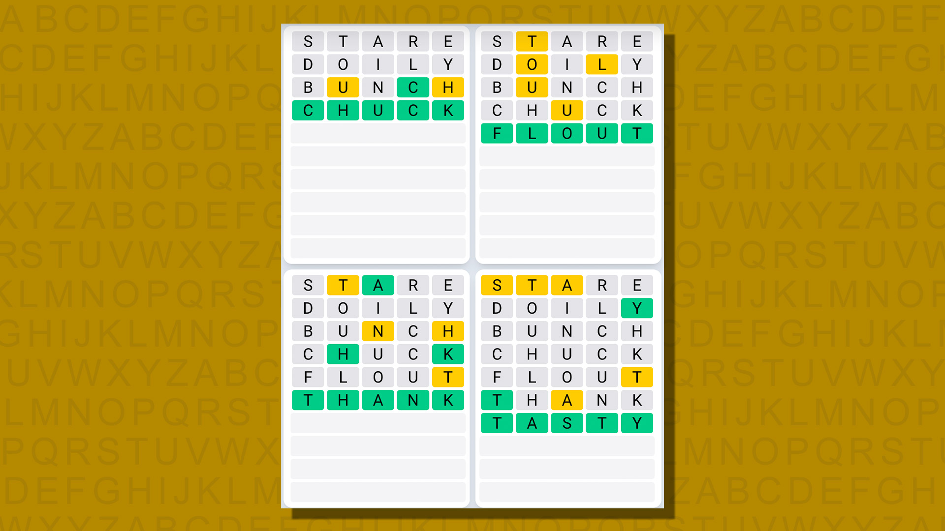 Réponses de la séquence quotidienne Quordle pour le jeu 812 sur fond jaune