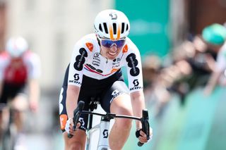 WREXHAM WALES JUNE 07 Pfeiffer Georgi of The United Kingdom and Team dsmFirmenich PostNl crosses the finish line during the 9th Tour of Britain Women 2024 Stage 2 a 1401km stage from Wrexham to Wrexham UCIWWT on June 07 2024 in Wrexham Wales Photo by Matt McNultyGetty Images