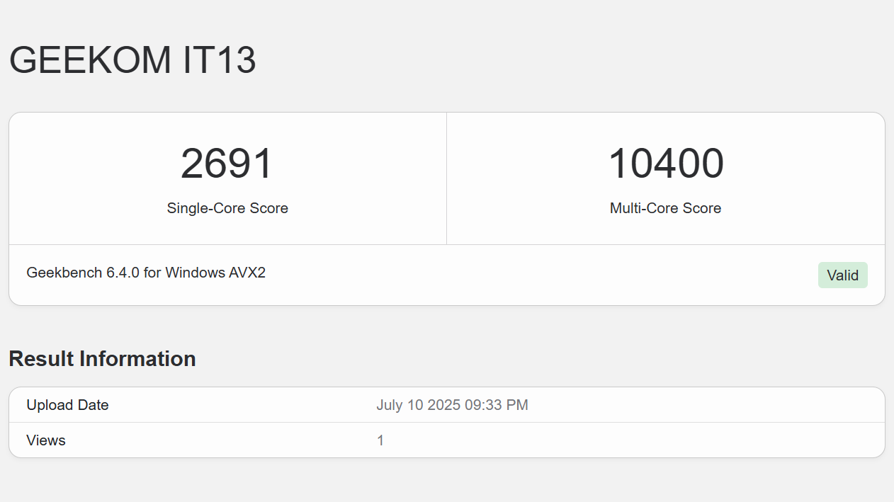 Geekom IT13 mini PC benchmark screenshot